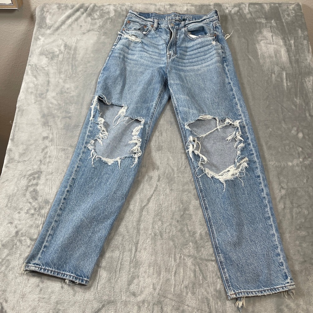 American Eagle Jeans Size 6 Reg Super High-Rise Baggy Straight Distressed Blue